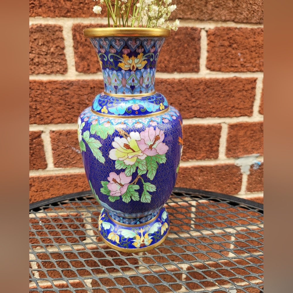 Vintage Floral Blue Cloisonné Vase